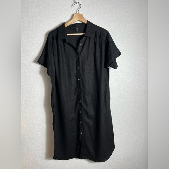 NWT well worn button down shirt black linen dress with pockets M L XL - Picture 1 of 7